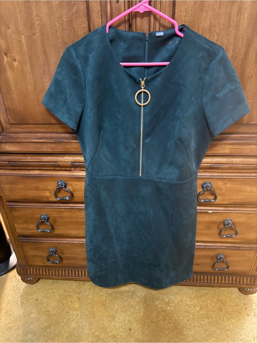Calvin Klein Forest Green Faux Suede Mini Dress with Gold Zip Ring